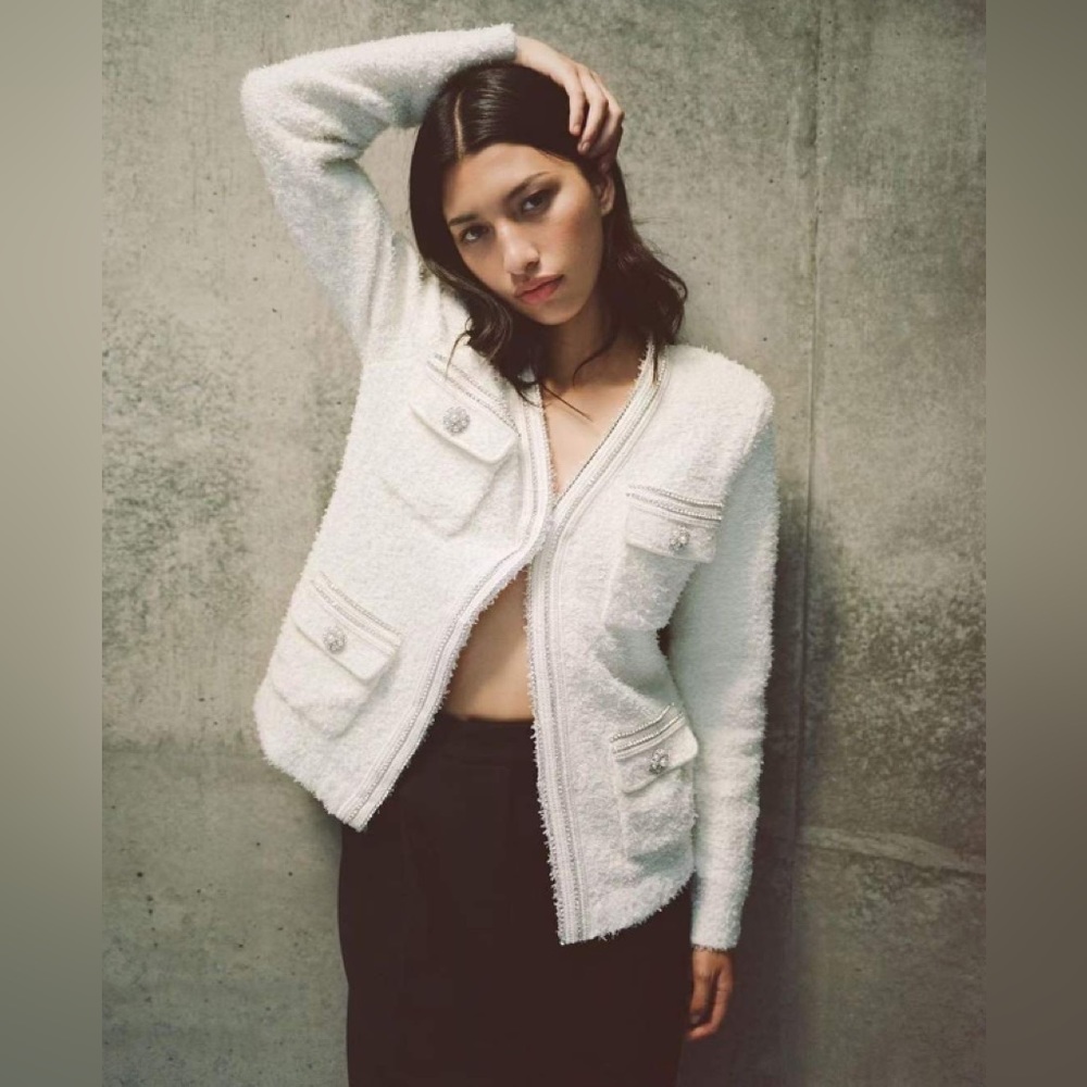 Self Portrait White Tape Knit Cardigan
